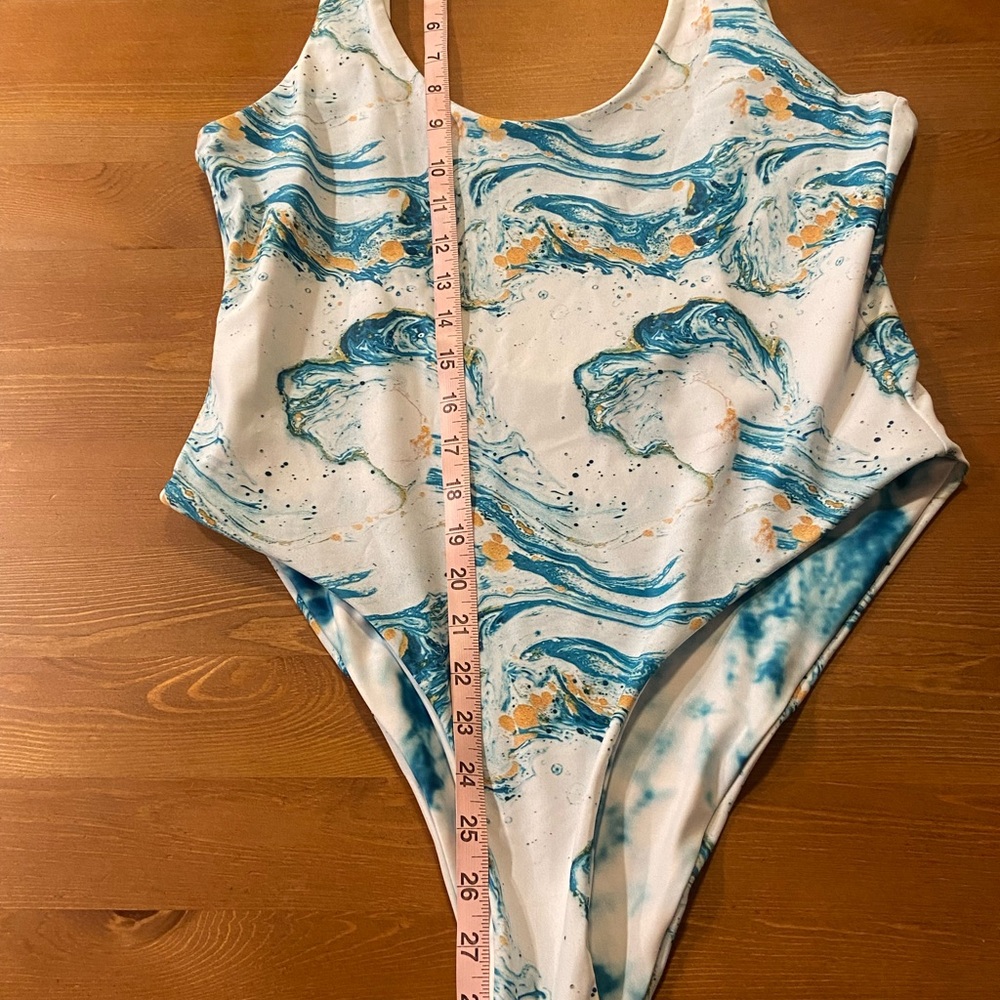Zaful Blue and White Marble One Piece Swimsuit